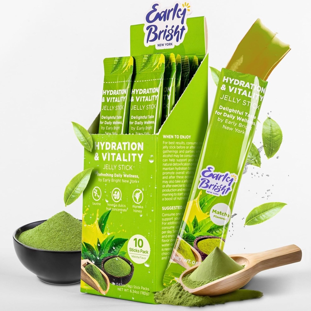 Žele palice - Matcha-Flavored za boljše jutro po pitju, podporo jeter in Vitalnost s Taurine & DHM, Počutite se osvežili in Energized, 18gX10ea
