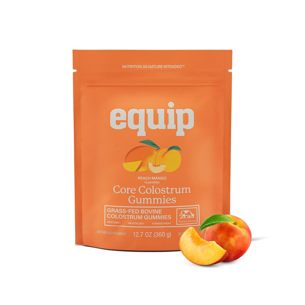 Equip Foods Core Goveje kolostrum Gumies, Okusen 1g na Seving Trava Fed Colostrum dopolnilo - Gut zdravje, Imuniteta, Recovery, Hair & Skin - 60 Goveje kolostrum Gumies, 30 Servings, Peach Mango