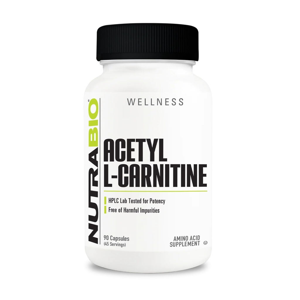 NutraBio Acetil L-karnitin (ALCAR) dodatek, 500mg - Podpora Proizvodnja naravne energije, Metabolično upravljanje in splošno zdravje, 90 kapsul