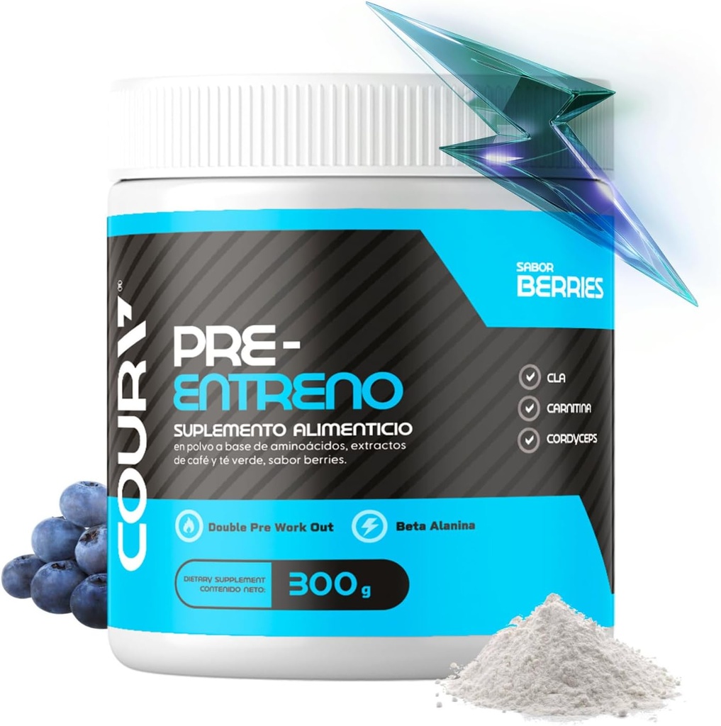 COURA Pred treningom jagode arome 300g - 10.5 Ounce - Beljakovine v prahu - Energy Boost - Podpira fokus in vzdržljivost - Cordyceps - Idealno za športnike - Gluten-free
