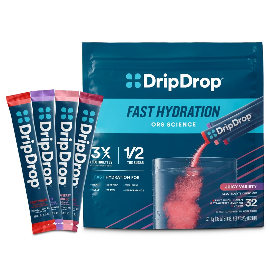 DripDrop Hydration Packets - Juicy Variety Pack - eno serviranje Elektroliti v prahu pijača Mix - Grozdje, sadni punch, Jagodna limonada, Cherry - Non-GMO, Gluten Free, Vegan - 32 palice