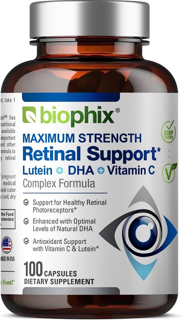 Biophix Podpora za mrežnico Maksimalna moč Kompleksna Formula 100 Kapsule - Cinkov vitamin C E Lutein DHA Omega-3 Astaksantin Hialuronska kislina - Podpira Očesni vid Zdravje