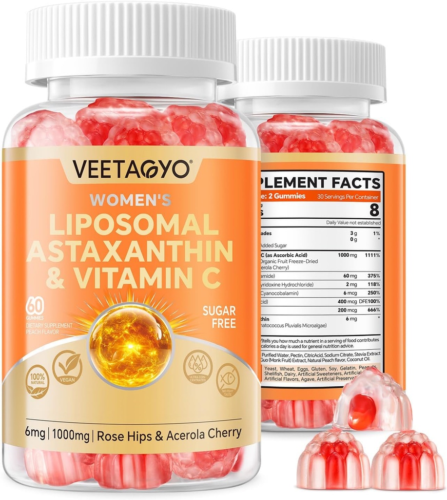 Astaksantin Dodatki 6mg + Liposomski Vitamin C 1000mg - Dual Layer - Niacin B6,B12,Folat,Biotin - Antioksidanti - želatina brez, brez sladkorja,60Cts
