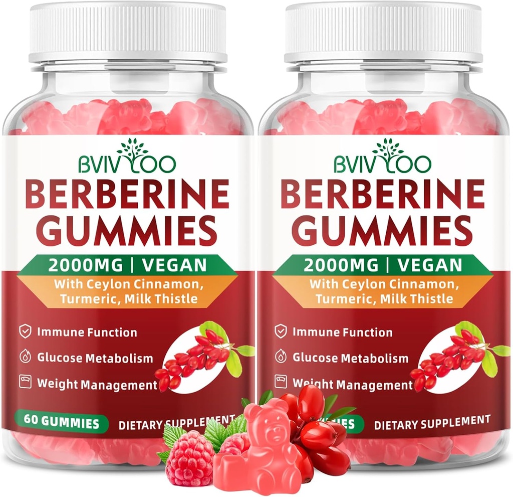 2 Pack Berberine Gummies, 2000mg Visoka moč Berberine HCI dodatek, Plus Ceylon Cinamon, Mlečni osat za ženske in moške, Imunski sistem in metabolizem podpora - 120 Gummies