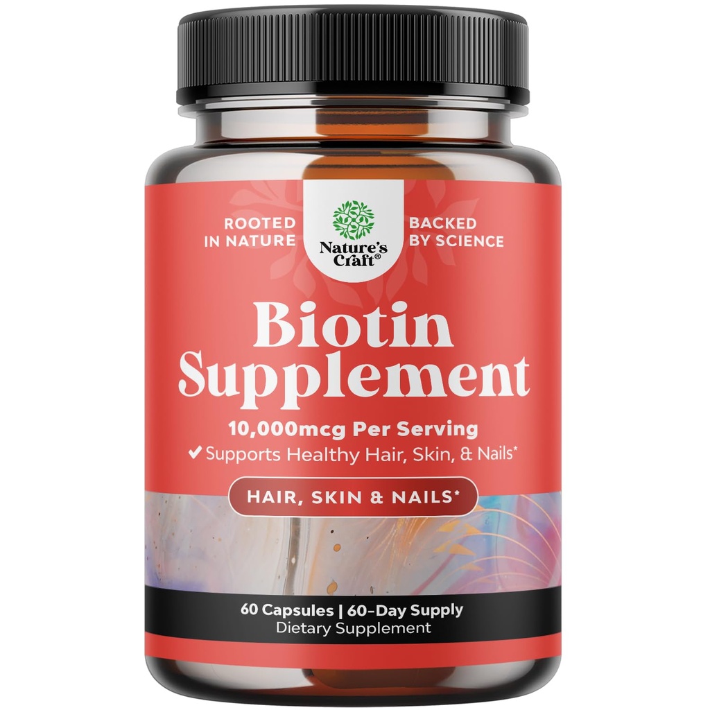 Nature Craft 10000 mcg Pure Biotin tablete za ženske - spodbuja Thicker in Fuller lase. Naravni dodatek za svetlo debelih las rast - vegetarijanske vitaminske kapsule - Get jasno kožo močni nohti