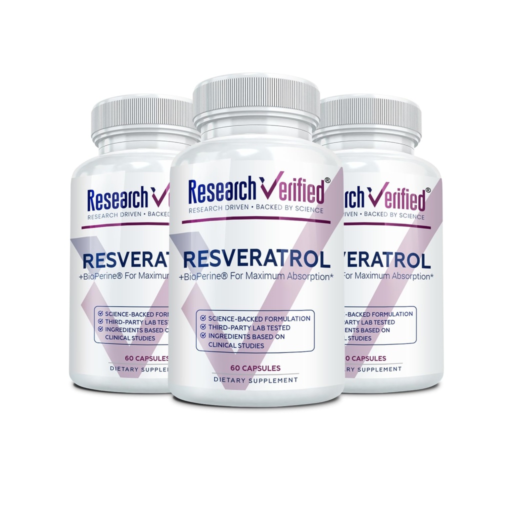 Raziskave Preverjeni Resveratrol - 98% Trans-Resveratrol 1000 mg, Podpora za preprečevanje staranja - 60 kapsul na steklenico - 3 steklenice