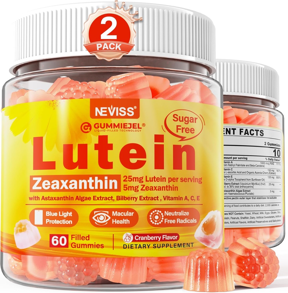 2 Pack Lutein in Zeaksantin dopolnila Gumies (25mg) Vitamini A, C, E, Bilberry, Astaksantin - Kokosovo olje za boljšo absorpcijo - za odrasle in najstnike vid, oči, možgane, kožo - Vegan, brez sladkorja