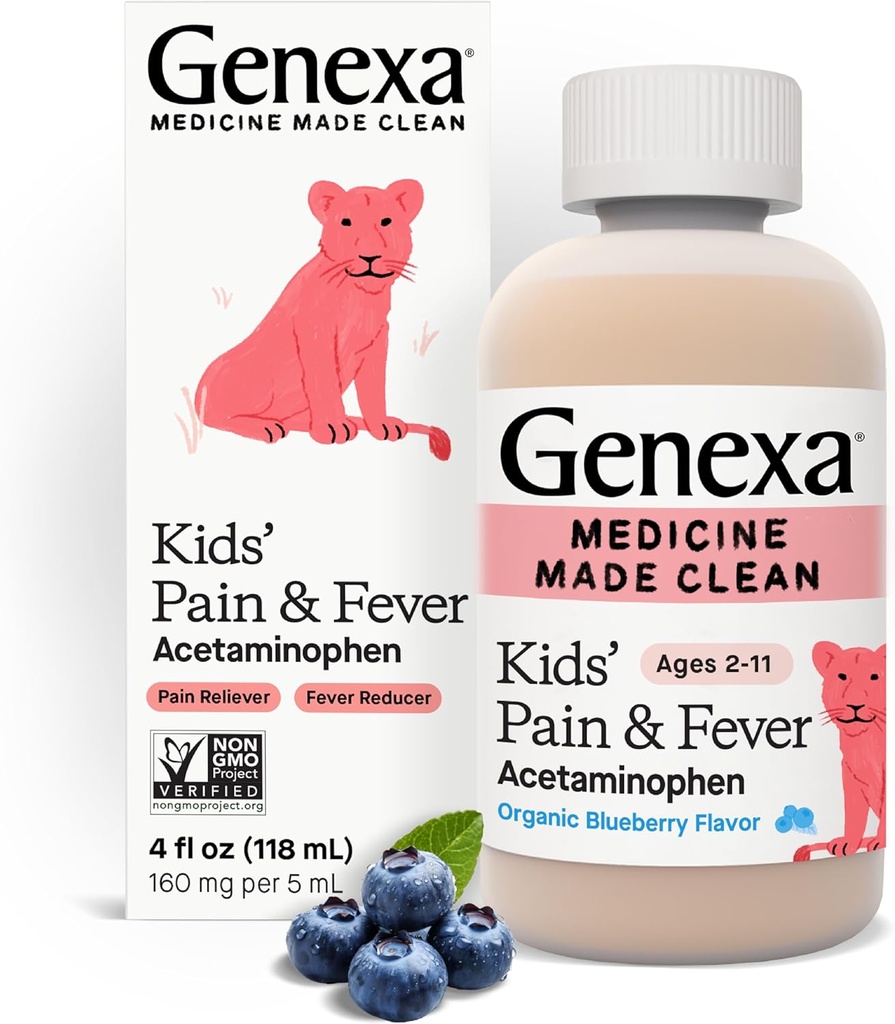 Genexa Otroški Acetamofen Bolečina & Vročina Peroralna suspenzija Medicina - 4oz - Za otroke 2 - 11 let, Začasno lajša bolečine in simptome vročine, 160 mg na 5 ml- Organic Blueberry Flavor