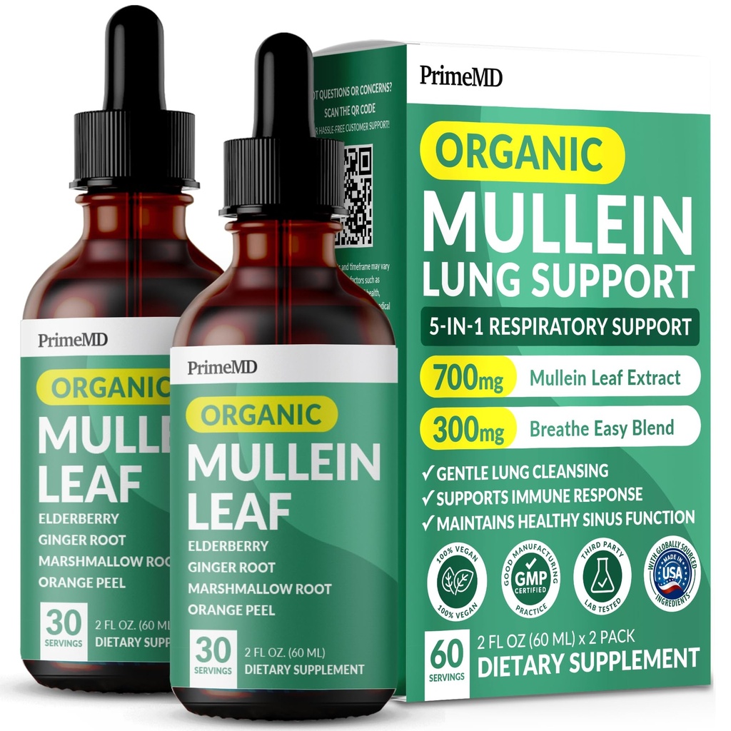 5-v-1 mulleinske kapljice za pljuča in bronhialno - dihalna pljučna zdravstvena podpora z Mullen Leaf Extract za pljuča - Mullein Tinkture z bezgovo jagodo, Echinacea in ingver Root (60 servingov) (2-paket)