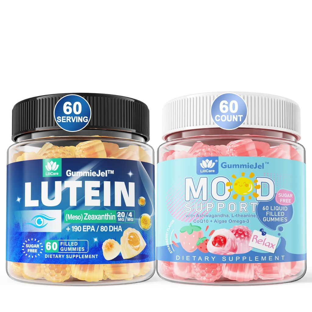 Sladkor brez lutein 20mg Zeaksantin Polne žvečilne gumije + Naravne umirjene žvečilne gumije za odrasle z Ashwagandha in Vegan Omega 3
