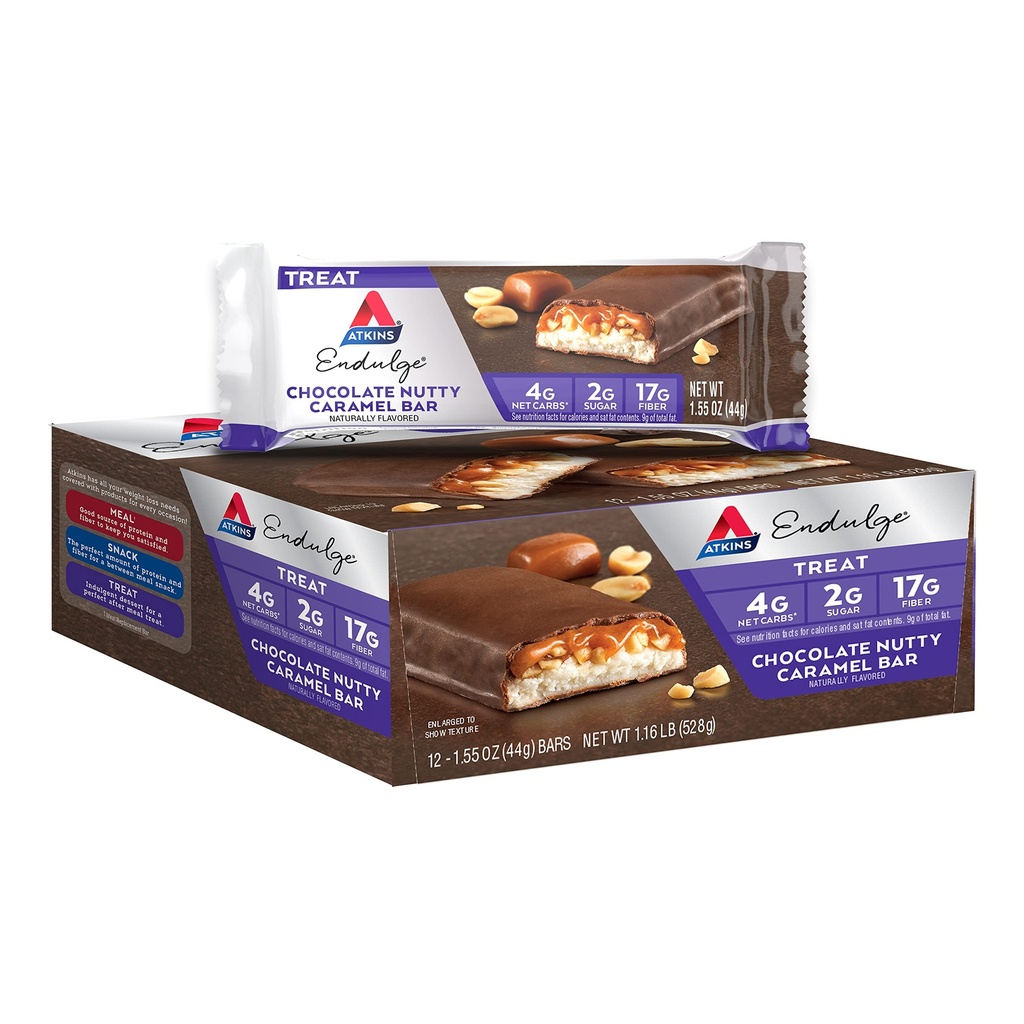 Atkins Endulge Chocolate Nutty Caramel Bar, Dessert Favorite, 2g sladkor, visoko v Fiber, Keto prijazno, 12 grof