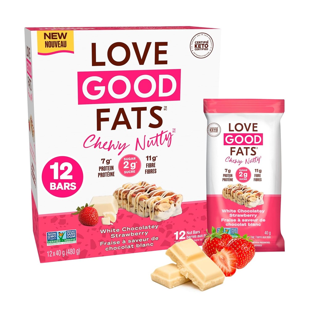Love Good Fats Chewy Nutty Bela Čokolada Jagoda Keto Bars - Prigrizki z nizko vsebnostjo ogljikovih hidratov - 12 pakiranje (1.59oz / 45g vsak bar)