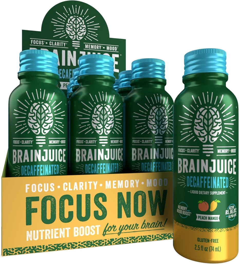 BrainJuice brez kofeina Podpora za možgane Shot, Gluten brezplačno Dopolnilo Shots za energijo in fokus, Zdrave pijače z Alpha GPC, Vitamin B & Brez kofeina listov zelenega čaja, Peach Mango, 2,5 fl oz, 12 Pack