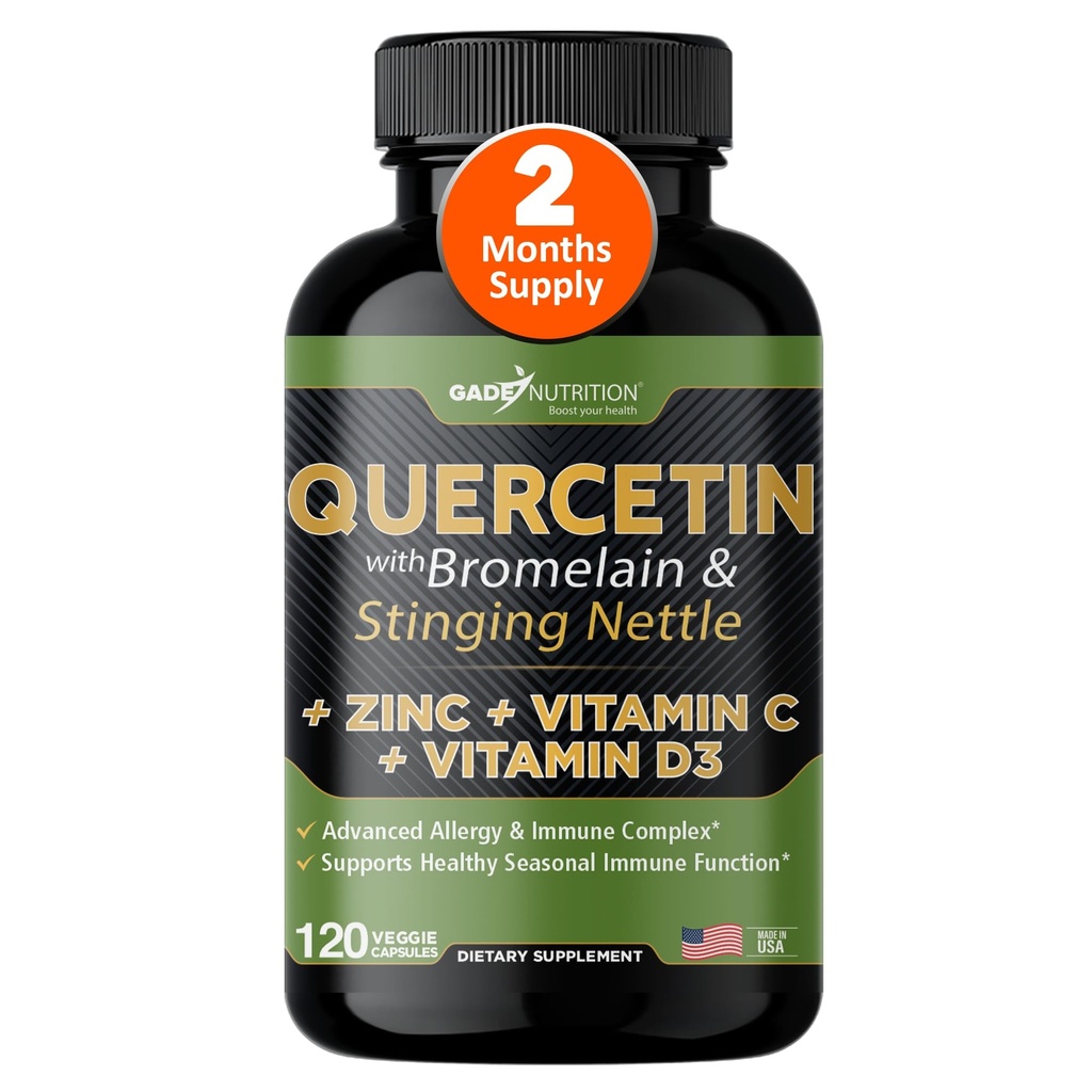 Quercetin z vitaminom C in cinkom - Nettle Quercetin - Quercetin 500mg - Quercetin z bromelainom - Cink Quercetin + Vitamin D3 - 120 Veggie Caps - (ne-GMO, Gluten-free, Vegan) - 2 mesec dobave