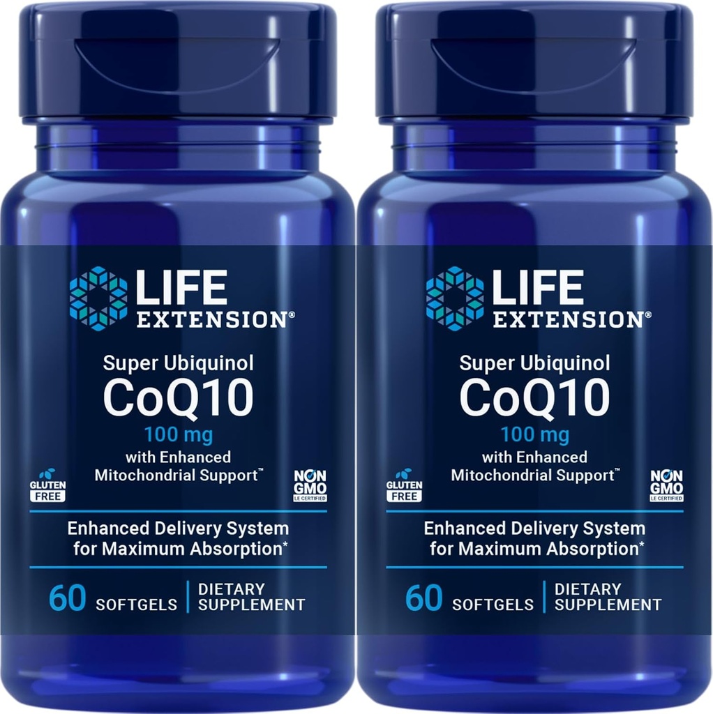 Life Extension Super Ubikinol CoQ10 z izboljšano podporo za mitohondrije 100 mg, 60 mehkih gelov (paket z 2)