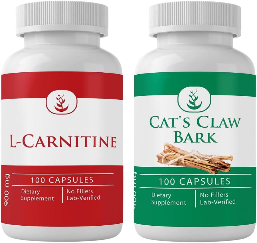 PURE ORIGINAL SESTAVINE L-karnitin in mačji kremplji, 100 kapsul vsak, vedno čist, brez dodatkov ali polnila