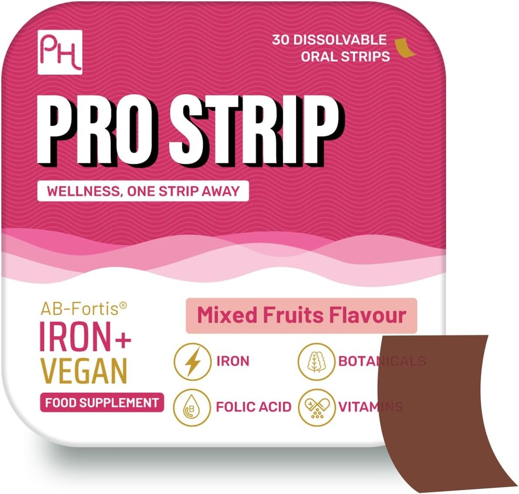 PROSTRIP® Iron+ AB-Fortis® 14mg Dodano z vitaminom C, B1, B2, B6, Folna kislina, Pesa, Spinach in Tart Cherry – 30 peroralnih veganskih stripov – Brez vode – visoka absorpcija s Prowise Healthcare