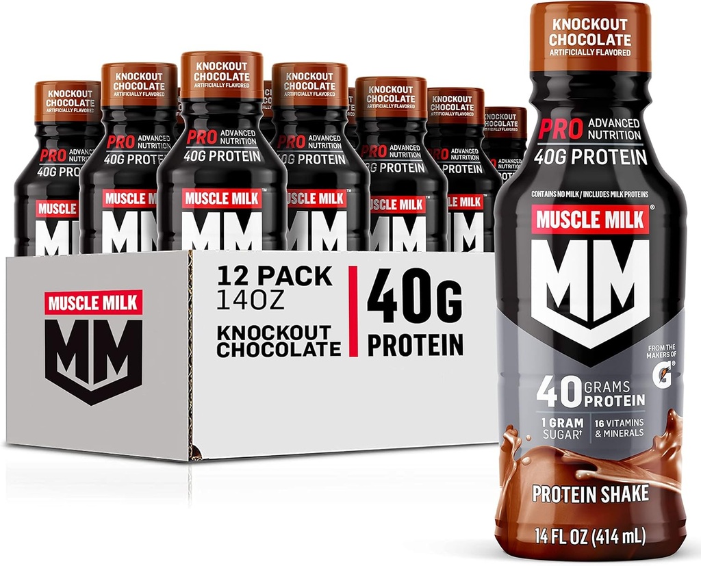 Muscle Milk Pro Advanced Nutrition Protein Shake, Knockout Chocolate, 14 Fl Oz steklenica, 12 Pakiranje, 40g beljakovine, 1g sladkor, 16 Vitamini in minerali, 6g Fiber, Workout recovery, Pakiranje maj Vary