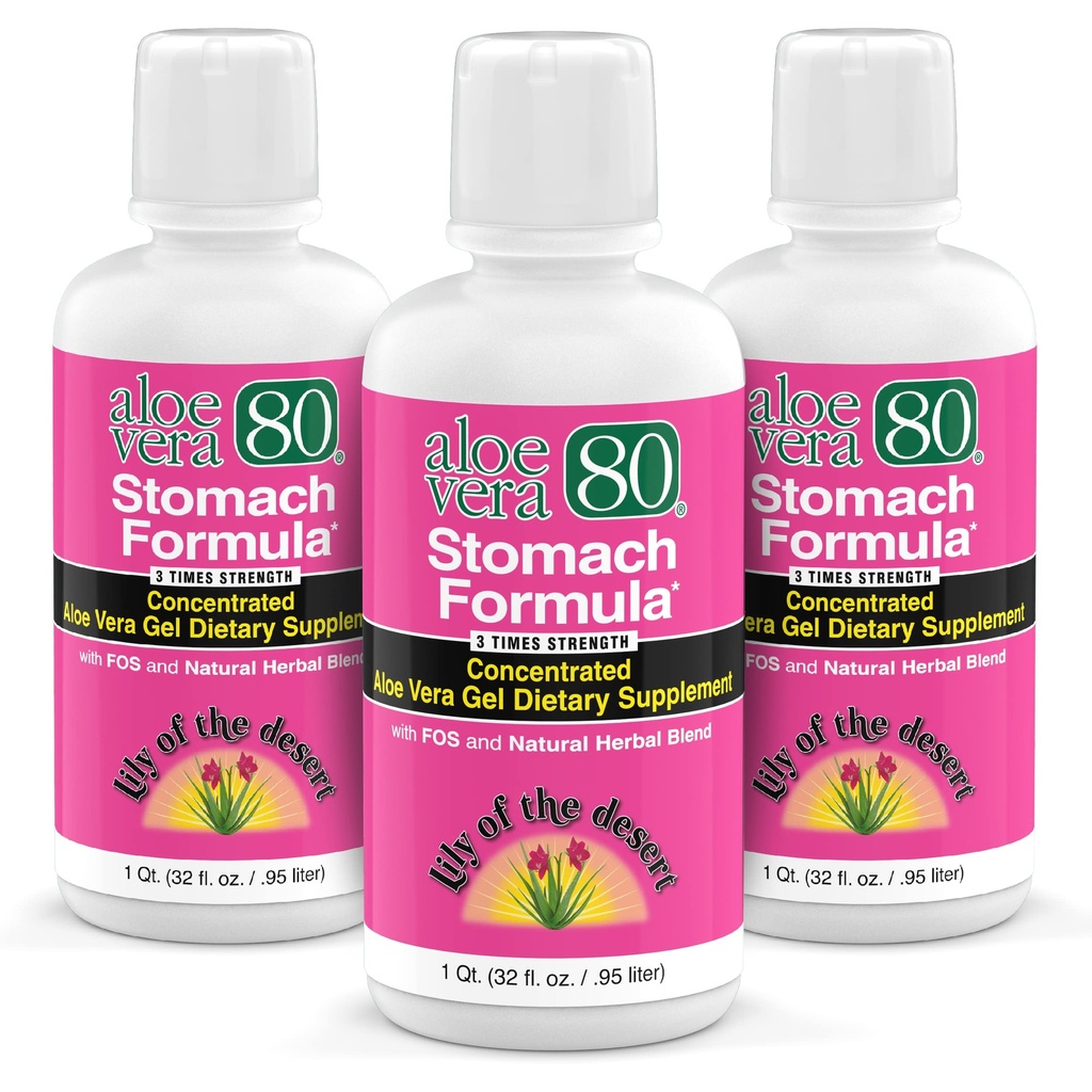 Lily of the Desert Stomach Formula, Aloe Vera 80 Gel - Koncentrirana Aloe Vera Juice s slippery Elm, Kamilica, Peppermint, in Ginger za Gut Health, Zgaga, Kisli Reflux, 32 Oz (Pack of 3)