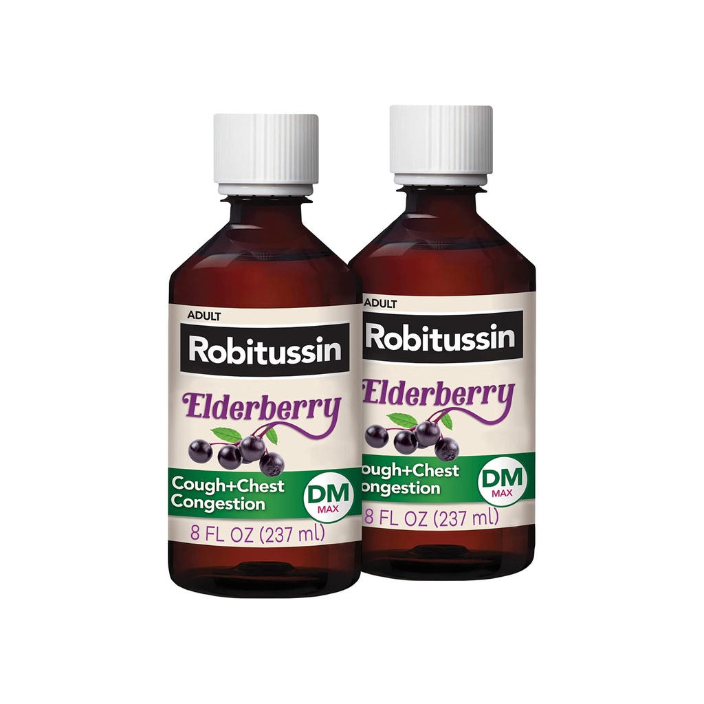 Robitusin Največja moč Bezgove kaše Plus prsi Prebavne motnje DM, kašelj Supresive za odrasle, Zagotavljajo nezadržno tekoče kašelj in prebavne motnje - 2x8 Fl Oz