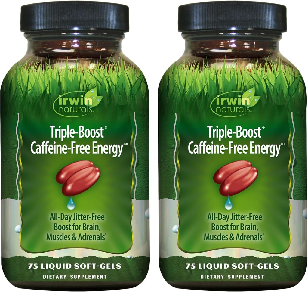 Irwin Naturals Triple-Boost Caffeine-free Energy – 75 Tekoči mehki geli – Adaptogene Dnevna podpora za energijo - 2 paket