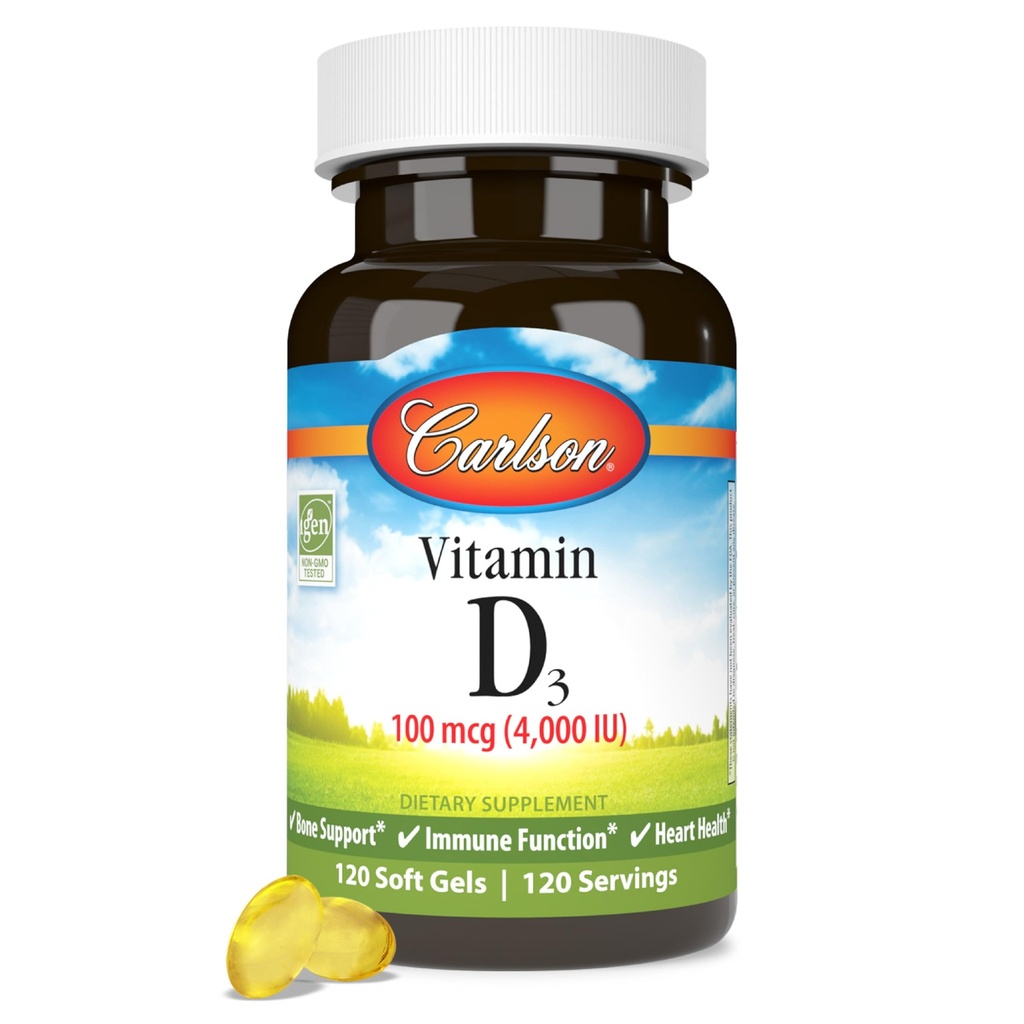 Carlson - vitamin D3, 4000 i.e. (100 μg), dodatki vitamina D, zdravje kosti in imunskega sistema, dodatek holekalciferola, kapsule brez glutena, 120 mehkih kapsul