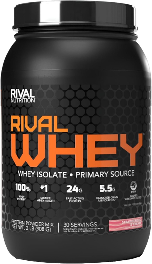 Rivalues Rivalwhey – Jagodna krema 2lb - 100% Whey Protein, Whey Protein Isolate Primarni vir, Čisti prehranski profil, BCAA, Brez prepovedanih snovi, Izdelano v ZDA
