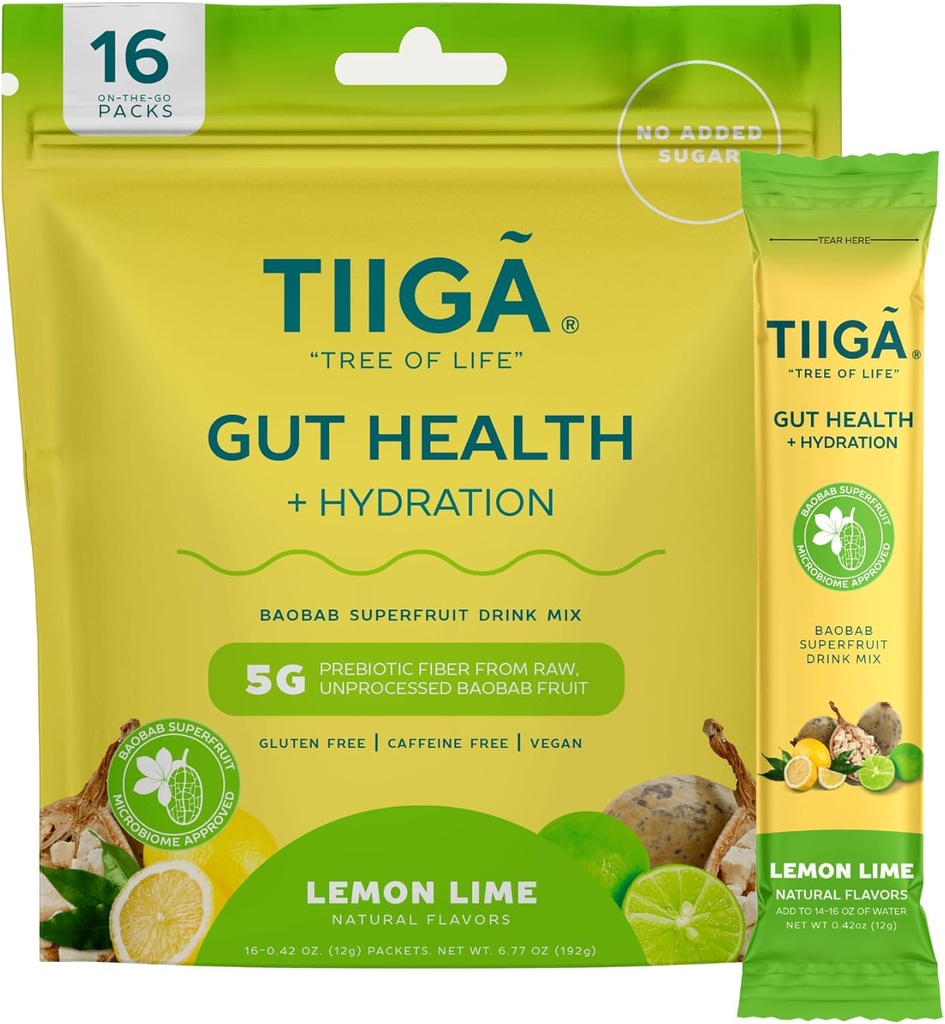 Tiiga Gut Health + Hydration Drink Mix – 7g Baobab, 5g Prebiotične vlaknine, Elektroliti, Brez mleka, Vegan, Brez dodanega sladkorja, Prebava, Rednost, & Zaprtje – 16 Serving
