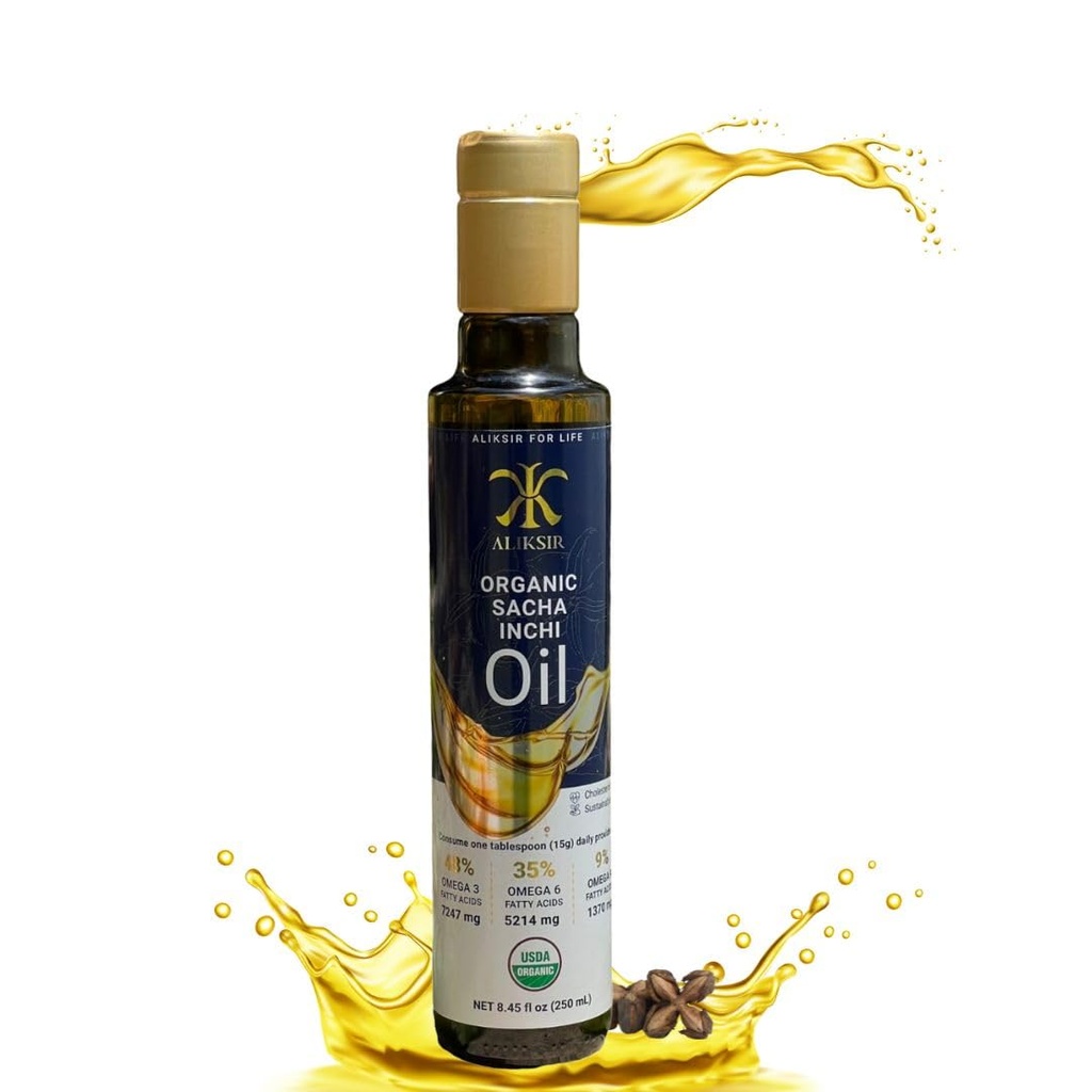 Organic Sacha Inchi Oil, amazonsko seme – ekstra deviško, 100% naravno, visoka omega 3 (7247 mg), omega 6 (5214 mg), omega 9 (1370 mg), hladno stisnjeno z vitaminom E - antidioksidanti, ki vam pomagajo lase, nohte in kožo.