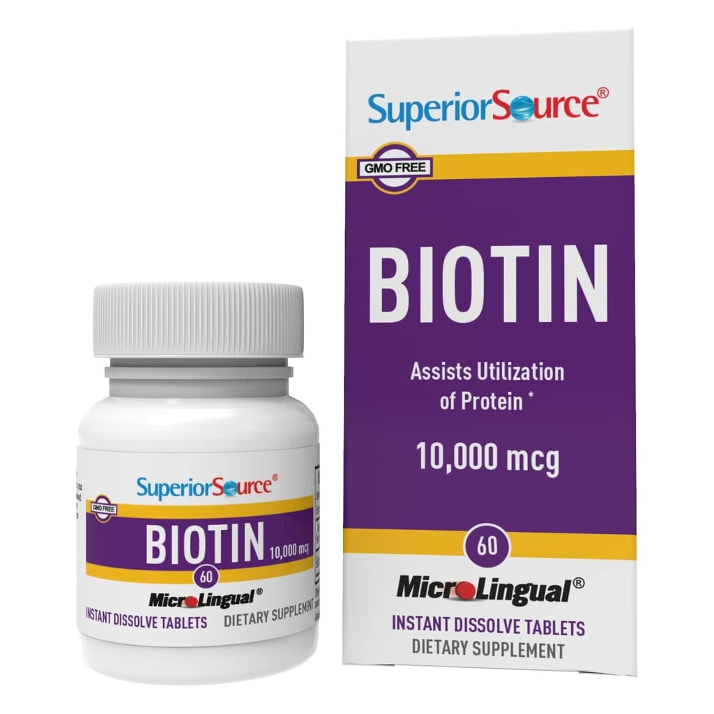 Superior Source Biotin 10.000 mcg - Dnevni dodatki Podpira zdravje las in rast - Naravni Biotin dodatek Aids Zdravi nohti & koža - 60 Podjezično Raztapljanje tablete