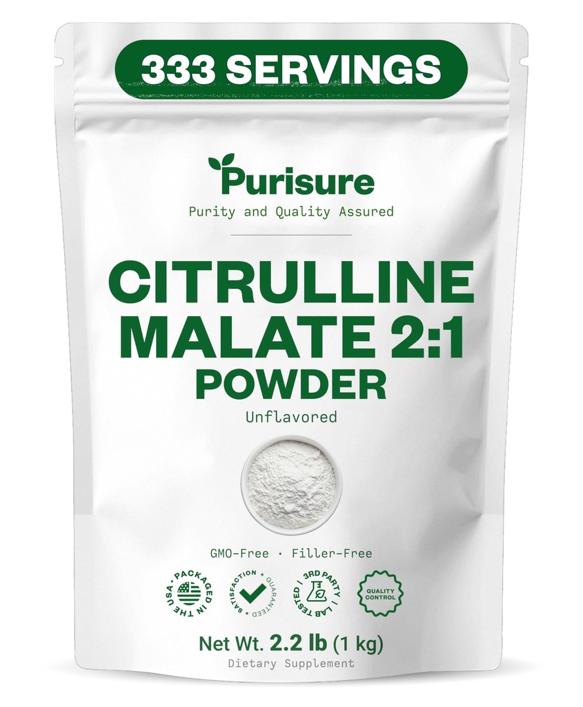 Purisure L Citrulin Malate 2:1 Prašek, 1 kg, dodatek in nitrat za moč zmogljivosti in energije, Pred-workout L Arginin L Citrulin Dopolnilni prah, 334 Servisi