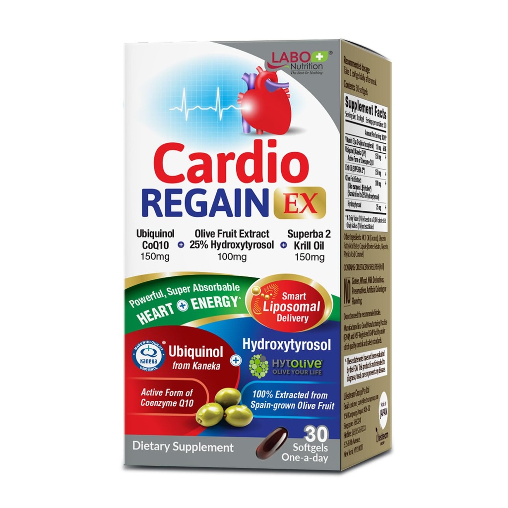 LABO Nutrition CardioregaIN EX – Ubikinol CoQ10 dodatek s Kaneko QH 150mg, ekstrakt oljčnega sadja (25% hidroksitirosol), olje iz krila – srce, celična energija, liposomska absorpcija, ne-GMO, soja-free