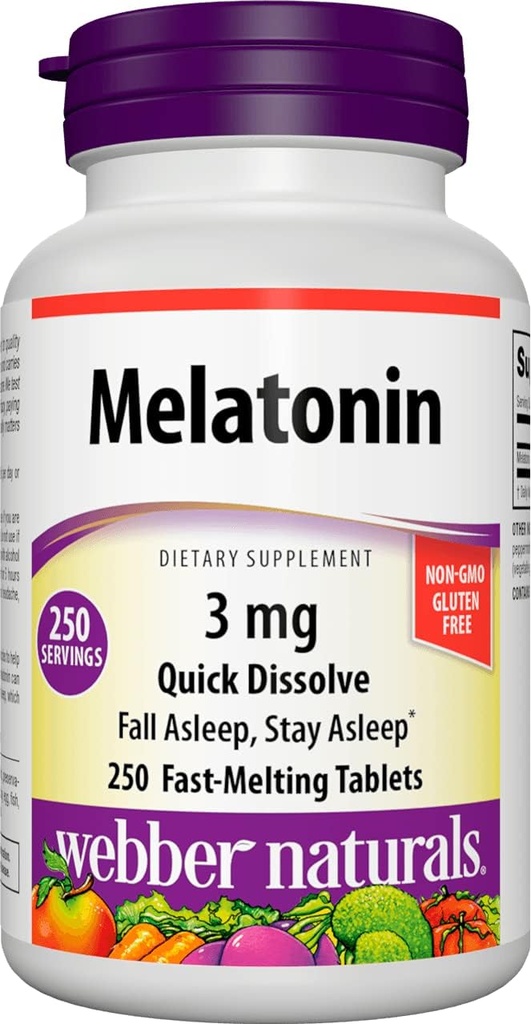 Webber Naturals Melatonin 3 mg, Easy Dissolve, 250 tablet, 100% brez drog pomoč za spanje za odrasle, Gluten brezplačno, ne-GMO, primerno za vegetarijance