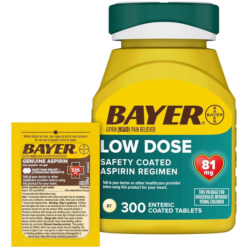 Bayer Aspirin 81 mg Enterične obložene tablete 300ct in 2 števna potovalna paketa pravih tablet Aspirin 325mg