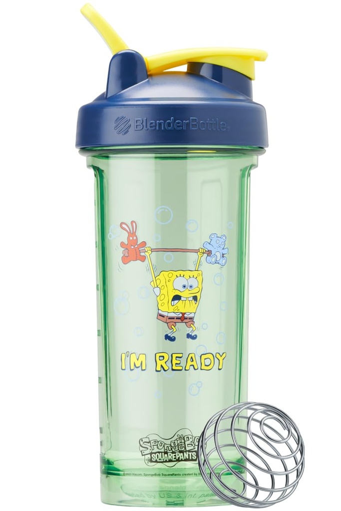 BlenderBottle Spongebob Shaker Steklenica Pro Series Kot nalašč za Beljakovinske pretrese in Pred vadbo, 28-Ounce, Blue, Im Ready!
