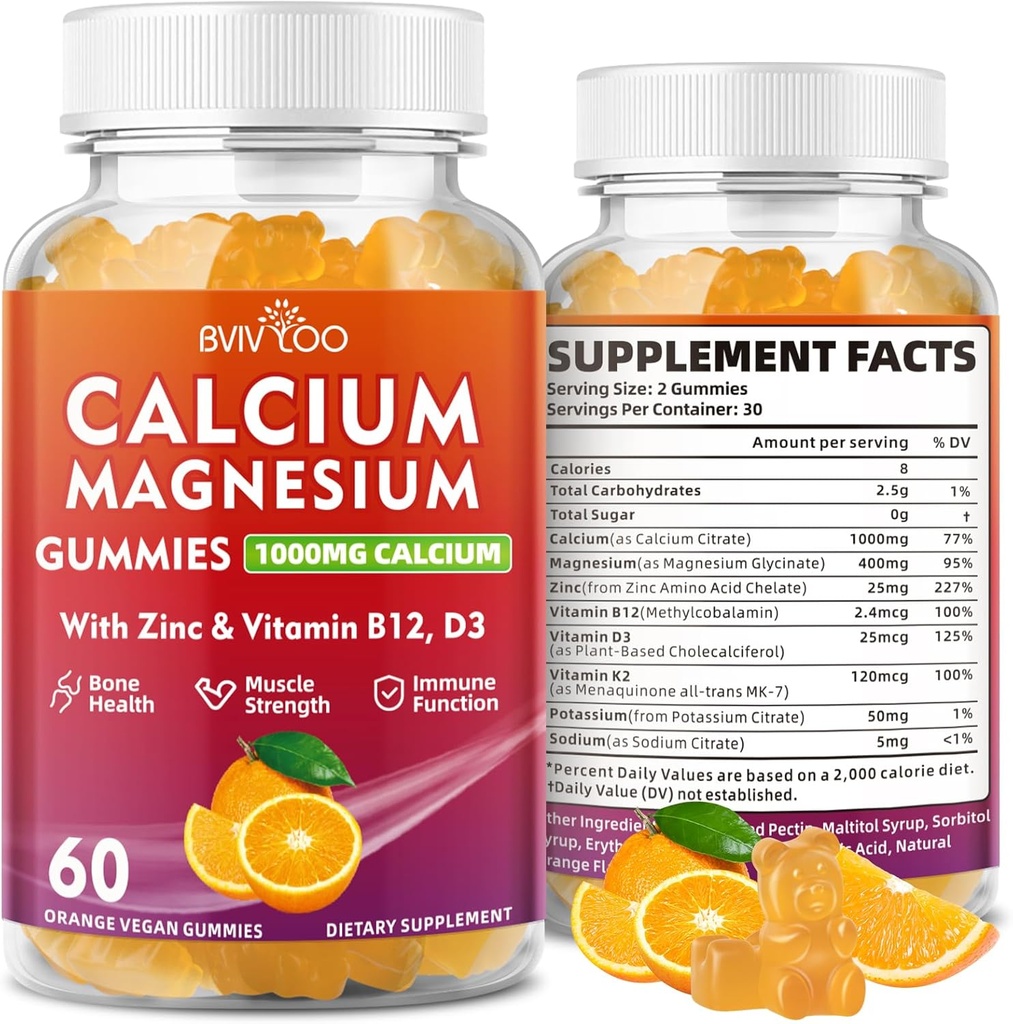 Kalcijevi gumiji 1000mg z vitaminom D3 K2 & B kompleksom, kalijevim, kalcijevim magnezijevim cinkom Gumiji za kosti, mišice, razpoloženje in imuniteto - oranžna aroma 60