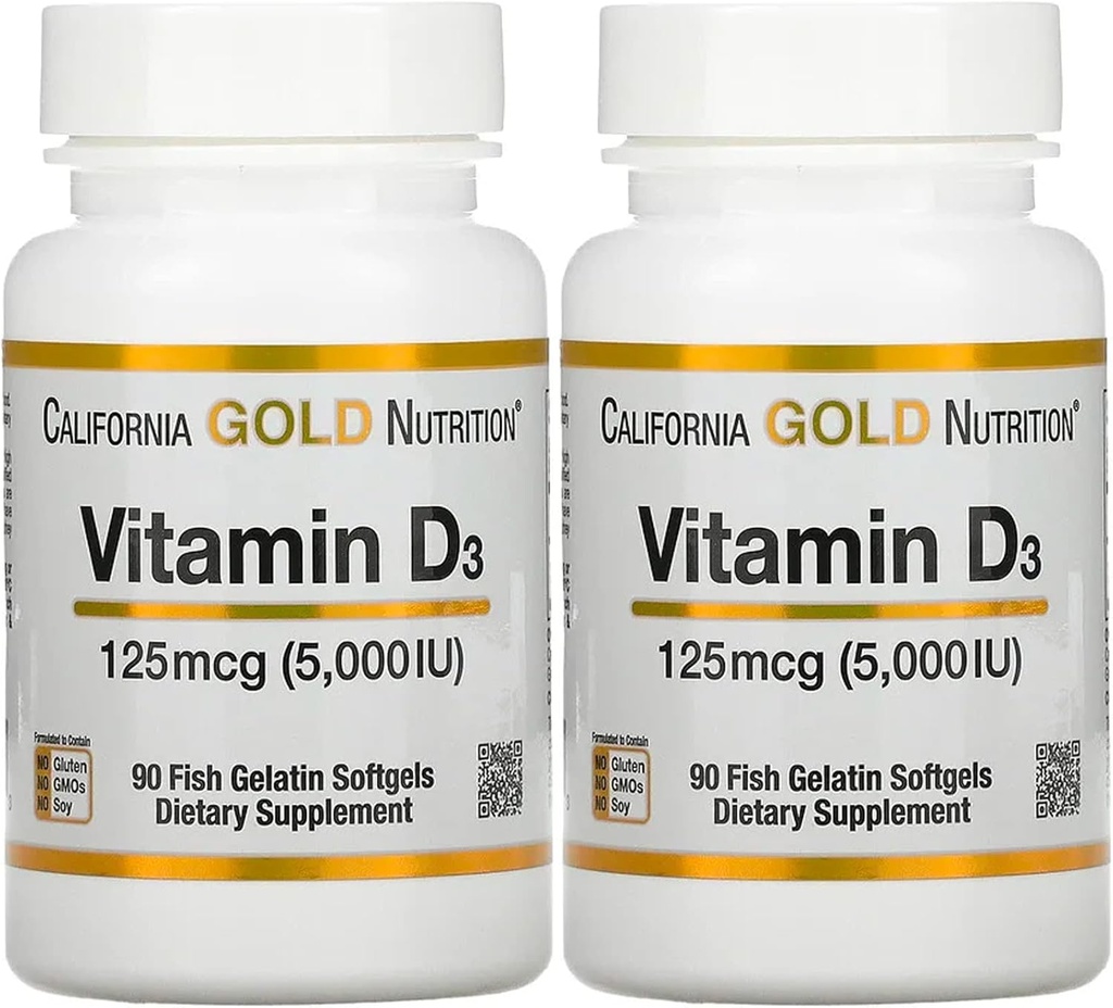 Vitamin D3 Dodatek California Gold Nutrition - Podpora za zdrave kosti in zobe - Podpora imunskega sistema - Gluten Free, Non-GMO - 125 μg (5.000 i.e.) - 2 paketa po 90 rib želatina Softgels
