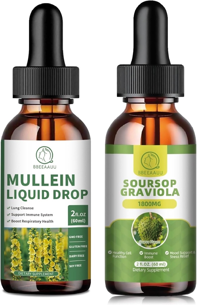 Mulleinske kapljice za pljuča, Mullein Leaf Extract 1000MG za čiščenje pljuč in Soursop Graviola tekoče kapljice 1800mg, Soursop Leaves Extract za regeneracijo celic