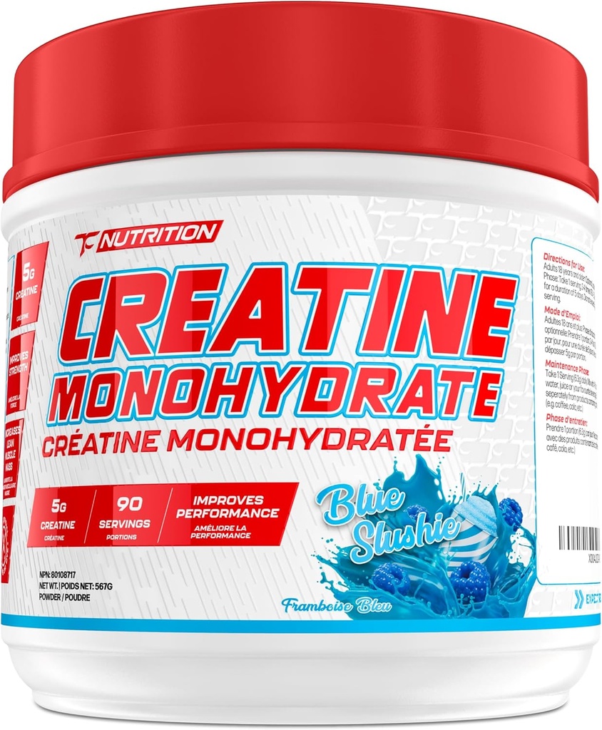 TC Nutrition Kreatin monohidrat v prahu 5g - Pure Creatin v prahu za večjo moč, rast mišic, izboljšano vzdržljivost in zmogljivost (90 strežb - Blue Slushie, 90 serviranja - Blue Slushie)