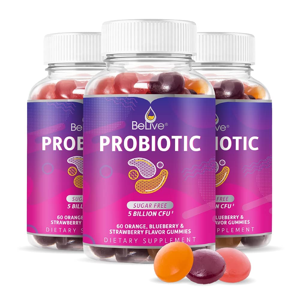 BeLive Probiotic Gumies - Probiotiki s 5 milijardami CFU-jev za digestivno zdravje, moški, ženske in otroci probiotične dodatke za imuno podporo, sladkor brez & Vegan – borovnice, jagode in pomaranče 