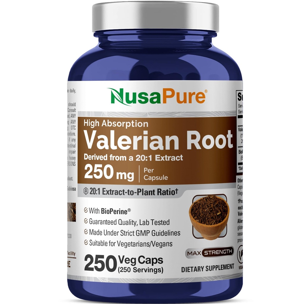NusaPure Valerian Root 20:1 ekstrakt, 250 mg ekvivalent 5000 mg na Veggie Caps, 250 Count, Vegan, Non-GMO, Bioperine