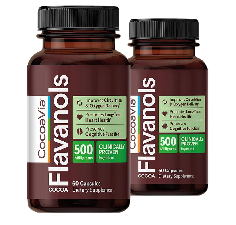 CocoaVia Cardio Health Supplement, 60 Day, 500mg Cocoa Flavanols, Podpora zdravje srca, povečanje dušikov oksid, krvni obtok, energija, Vegan, temna čokolada, 120 kapsul