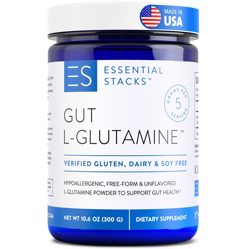 Essential Stacks Gut L-glutamin Powder - Ekskluzivno izdelan v ZDA - Pure L Glutamine Powder for Gut Health (60 strežnikov, brez arome)