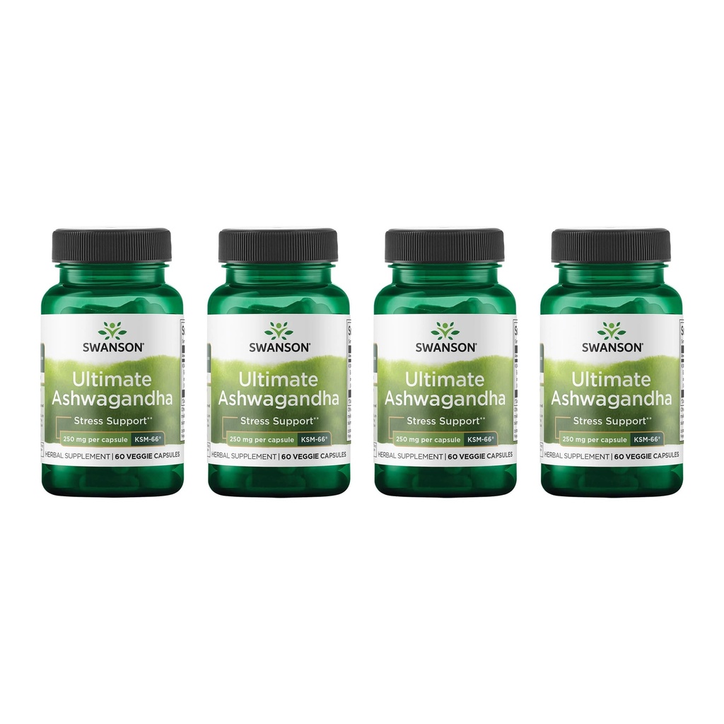 Swanson Ultimate Ashwagandha KSM-66 - Zeliščni dodatek, ki podpira zdrave ravni stresa in sprostitve - naravna formula za spodbujanje umirjenega in sproščenega uma - (60 Veggie kapsule, 250mg vsak) (4 paket)