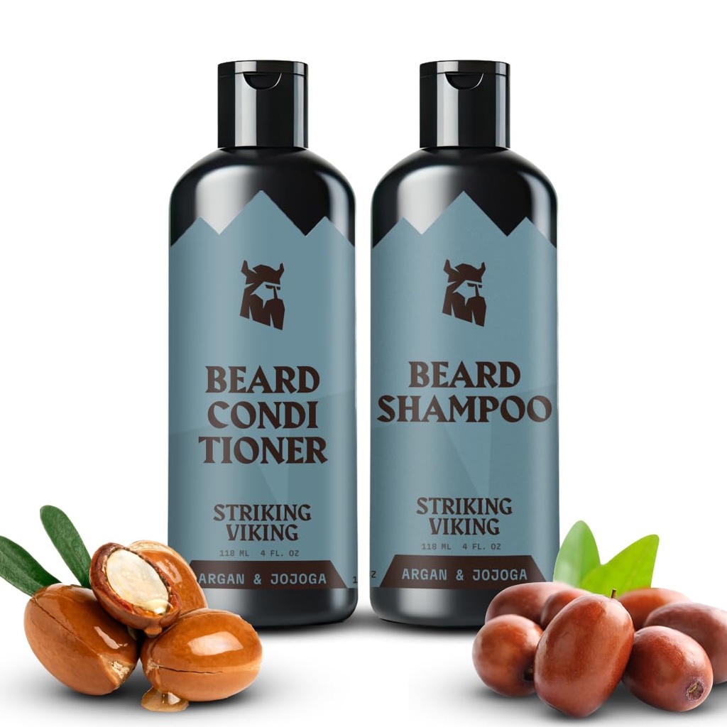 Garnitura vikinških ščitnikov in balzamov – 4 Fl Oz vsak, sveže maskuline Scent - Beard Pranje in balzam za moške - Čistila in softens, z argan & Jojoba olje - Sulfate & Paraben Free