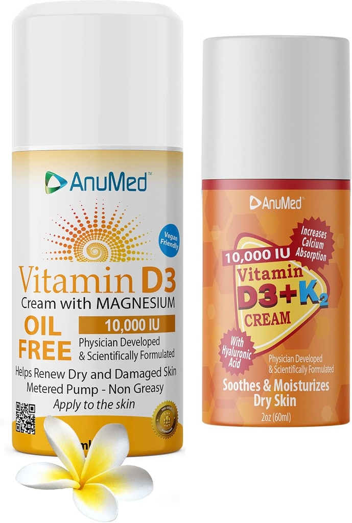 ANUMED Bundle naravna krema z vitaminom (D3 10.000 IU Oil-free) + (D3 z K2 10.000 IU Potovalna velikost 2oz) Močne sestavine s hialuronsko kislino, magnezij, vitamin E, cink, vitamin B3.