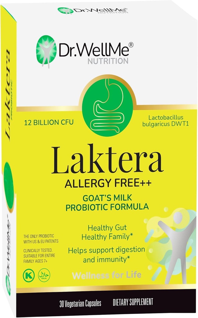 Dr. WellMe Laktera Alergy-free probiotiki – 30 kapsul, 12B CFU mleko probiotična formula, Imune & Gut Health Supplements – nizka laktoza, Gluten-free za odrasle & 7+ Otroci