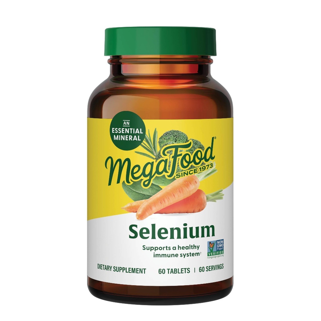 MegaFood Selen - Selen 50 mcg - dodatek s hrano & zeliščno mešanico - Imunska podpora - Vegan, Non-GMO - Made Without 9 Food Alergens - 60 tablet (60 strežnikov)