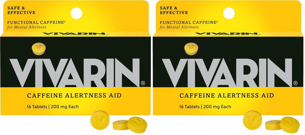 Vivarin, tablete kofeina, 200 mg kofeina na odmerek, varno in učinkovito pomaga ostati buden, brez sladkorja, kalorij ali skritih sestavin, energijsko dopolnilo, 16 tablet (Pack of 2)