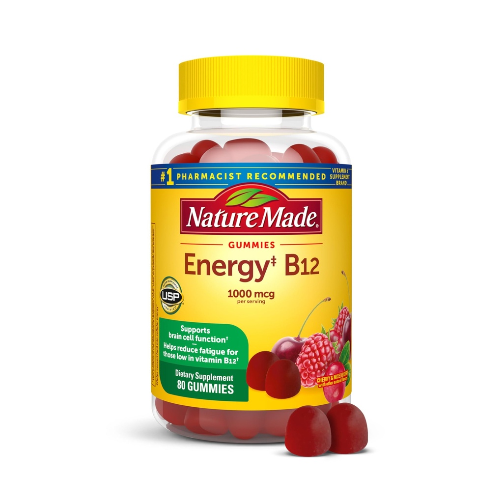 Narava Made Energija B12 1000 mcg, Prehranska dopolnila za energijo Presnovna podpora, 80 Gummies, 40 dnevna dobava Ovojnina je lahko različna